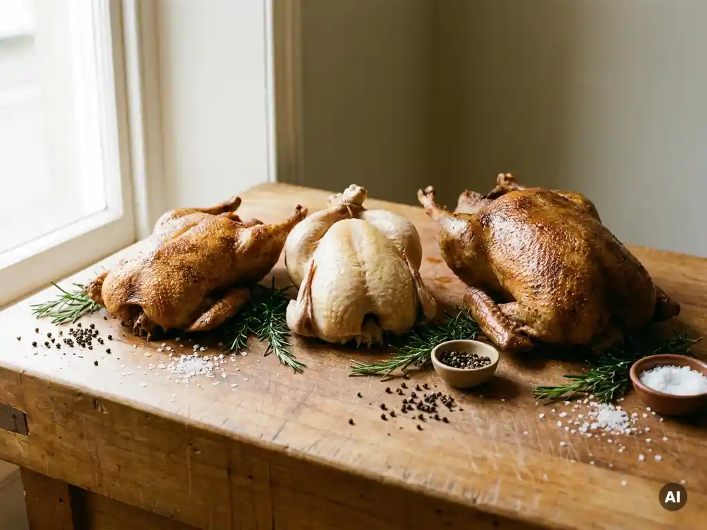 Drei Geflügelvögel – gebratene Ente, Freilandhuhn und Gans – auf rustikalem Holztisch mit Rosmarin, Pfeffer und Meersalz.