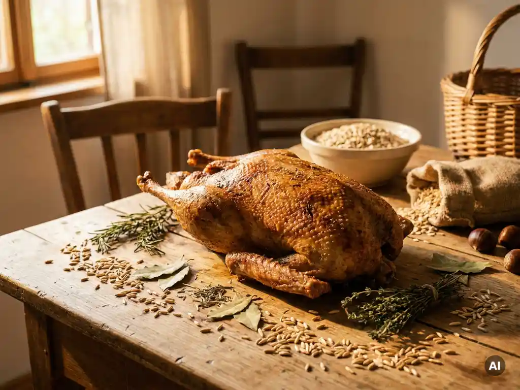 Goldbraune hafergefütterte Gans auf rustikalem Holztisch, umgeben von Haferflocken und getrockneten Kräutern, warme Herbstatmosphäre.