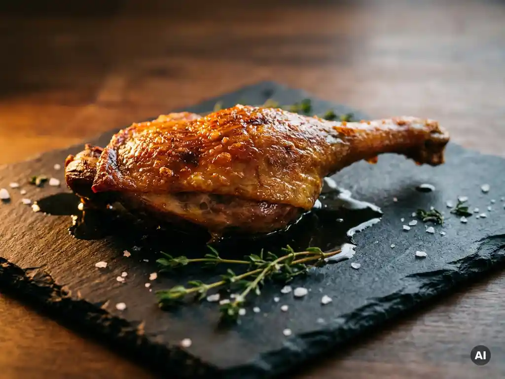 Knusprig gebratene Entenkeule auf Schieferplatte mit Thymian und grobem Meersalz, goldbraune Haut, ausgelassenes Entenfett.