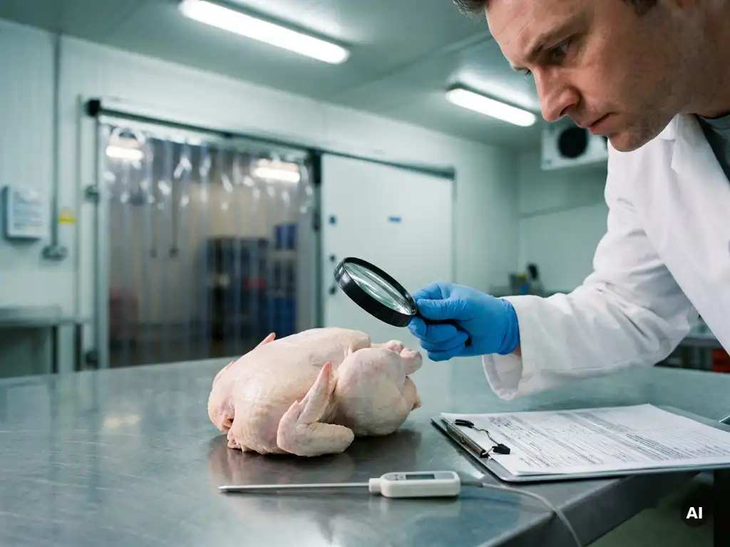 Lebensmittelkontrolleur mit Handschuhen prüft frisches ganzes Hähnchen auf Edelstahl-Warenannahme, Klemmbrett und Temperaturmesser in der Nähe.