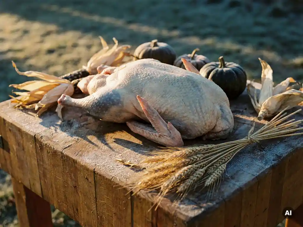 Rohes ganzes Gänsefleisch auf verwittertem Holzblock mit Maiskolben, Weizenähren und Raureif im Herbstlicht.