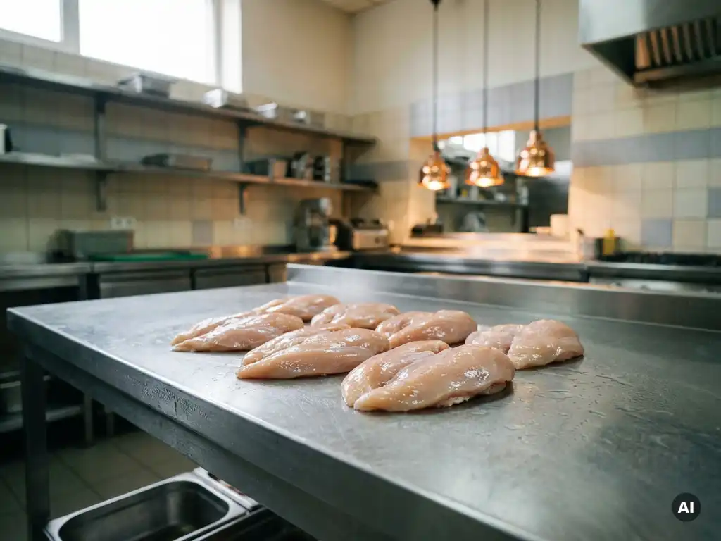 Rohe Hähnchenbrustfilets auf Edelstahl-Arbeitsfläche in professioneller Küche, von oben fotografiert.