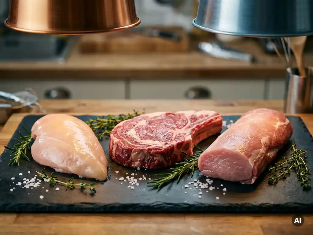 Rohe Hähnchenbrust, Rindersteak und Schweinefilet auf dunklem Schieferbrett mit frischen Kräutern und grobem Salz.