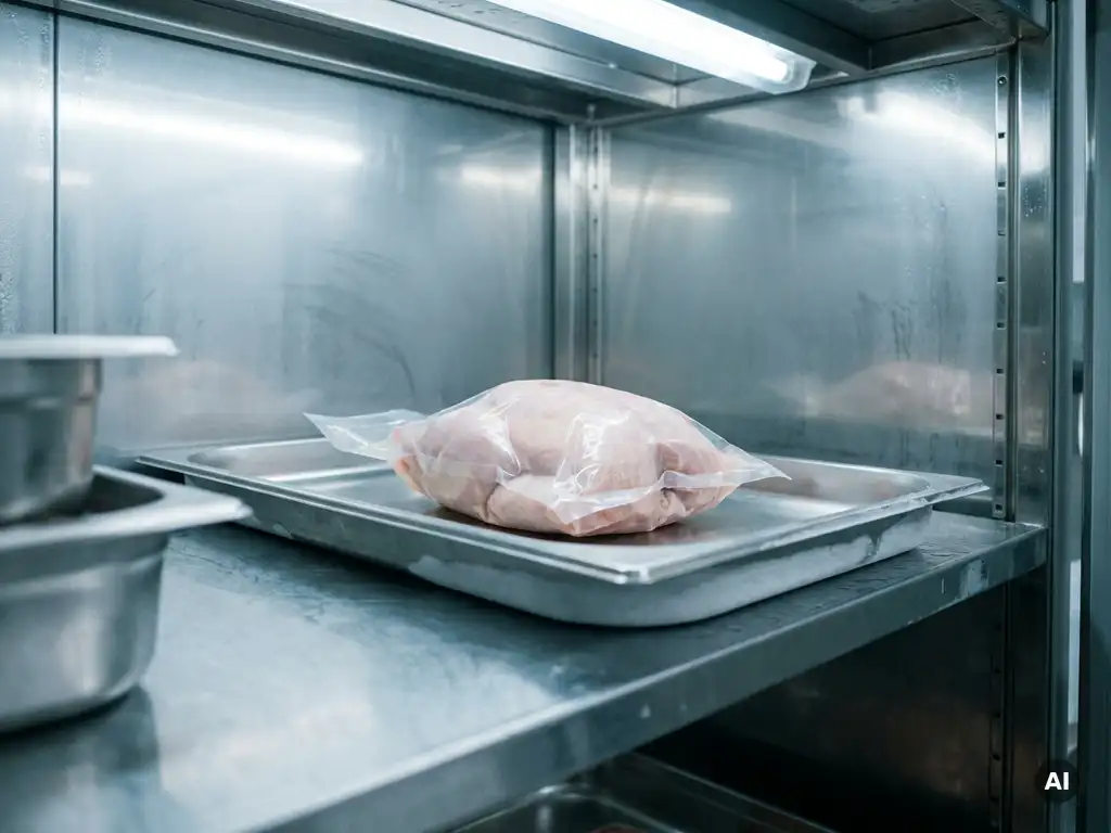 Vakuumverpacktes rohes Geflügel auf Edelstahlregal im Kühlschrank, hygienisch auf separatem Tablett von anderen Fleischsorten getrennt.