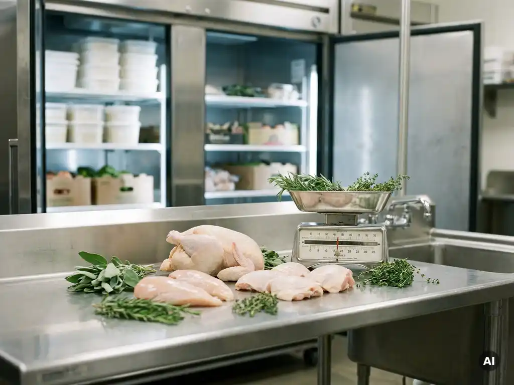 Rohes ganzes Hähnchen und Geflügelteile auf Edelstahl-Arbeitsfläche mit frischen Kräutern und Küchenwaage.