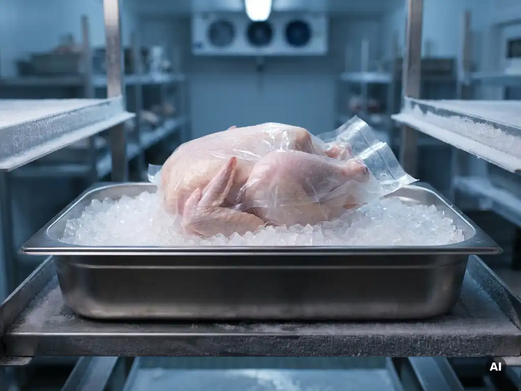 Vakuumverpacktes rohes Hähnchen auf Crushed Ice in Edelstahl-Kühlschale, Kondenstropfen auf der Folie, professionelles Kühllager im Hintergrund.